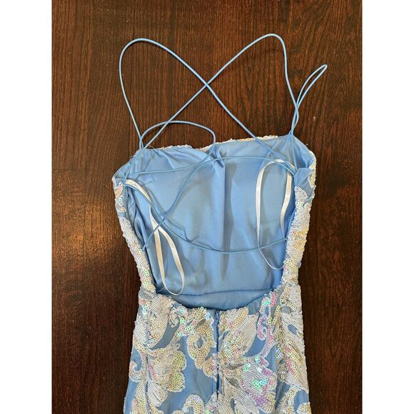 Vintage B. Darlin Blue White Open Back Sparkly Fairy Maxi Gown Size 0 - Picture 5 of 8